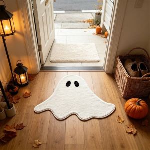 VIKAMA Cute Ghost Shaped Halloween Doormat Non Slip Water Absorbent Fluffy Entrance Floor Rug Indoor Holiday Decor