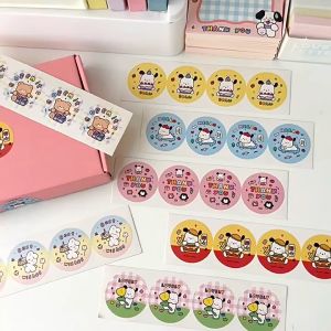 Cartoon Round Sticker 卡通圆形贴纸 Stiker Kartun Bulat Comel Cute Bear Puppy Pochacco Sealing Sticker Waterproof Student Gift