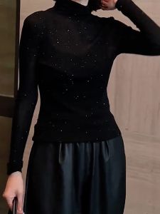 QINGNAER | Glitter Long Sleeve Knit Top For Women Large Size