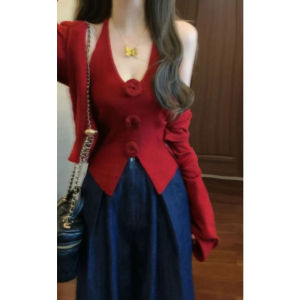 CHANGTONG | Red Hanging Neck Vest Cardigan Two-Piece Set Sweet And Spicy Jazz Top Beautiful And Stylish Long Sleeve V-Neck Cotton Blend