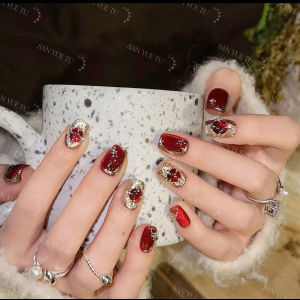 Nhựa Giả Móng Tay Hình Mắt Mèo Kim Cương Đỏ Thu Đông Sang Trọng Nhẹ Nhàng Màu Trắng Trang Trí Kim Cương Đỏ Mới Năm Mươi