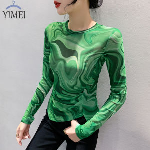 YIMEI เสื้อยืดสตรีผ้าตาข่ายพิมพ์ลายพื้น 2023 ร่วงไม้ สวยงาม แหวกแนวใหม่