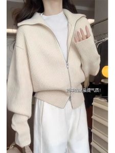 Ladies Thickened Double Zipper Knitted Short Open Cardigan Soft Cozy Sweater Jacket Turn-down Collar Commute Style Korean Loose Fit