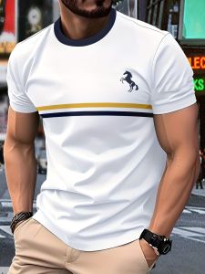 Men Retro Striped Crew Neck T-Shirt Summer Breathable Business Casual Daily Tees For Male
