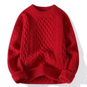 Red Knitted Sweater Mens Winter Fashion Thick Twisted Cable Knitwear Christmas Couples Long Sleeve round Neck Youth Style