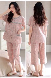 Miiow | Pure Cotton Summer Sleepwear Short Sleeve Loose Fit Casual Womens Seven-Foot Pants Breathable Lightweight Home Clothes