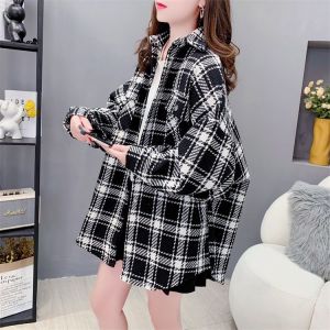 เสื้อคาร์ดิแกนแขนยาวผู้หญิงทรงหลวมพิมพ์ลายสก็อต ทรงหลวม หนา ความรู้สึกระดับไฮเอนด์ ฤดูใบไม้ร่วง 2024 เสื้อคลุมกันหนาวแบบสวมหัว