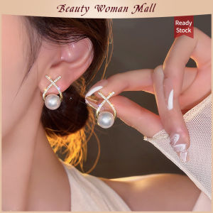Beauty Woman X Letter Pearls Zircon Stud Earrings For Women Korean Style Vintage Elegant Light Luxury Earrings Fashion Jewelry Gift