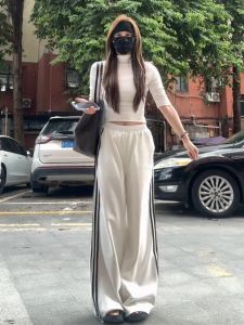 Extended Size 180 Womens Casual Striped Wide Leg Pants Loose Slimming High Waist Floor Length Trousers Autumn Fashion