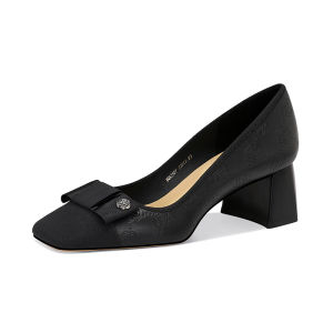 Jessica Sophia ทันสมัย รองเท้าส้นสูงจริง หนัง ส้นหนาลายนูนกุหลาบ ผู้หญิง รองเท้าเดินทาง เรียบหรู รองเท้าทํางานแบบสวม