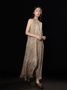 CANWU Artistic Cool New Chinese Style Loose Color Block Linen Dress with Shoulder Draping Texture Print Stand Collar Gown