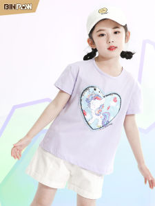Princess Style Glitter T-Shirt Cotton round Neck Short Sleeve Slim Fit Childrens Summer Casual Wear for Girls Ages 2-10