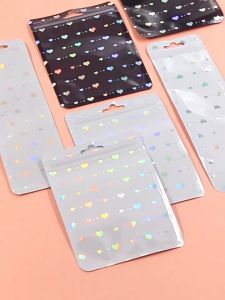 Isi 100 Plastik Ziplock Hologram Fancy Putih Hitam Hologram Hati Bintang
