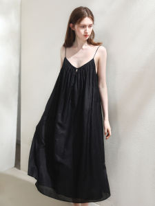 Miccbeirn | Silk Cotton Simple Style Strap Dress Elegantly V-neck Drapey Long Casual Fashionable A-line Skirt For Slimming Effect