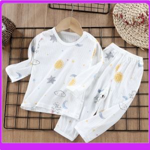Korean Style Pure Cotton Summer Home Clothes Set for Children Long Sleeve Thin Air Conditioner Suit Boys And Girls Clothes
