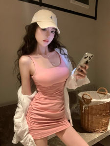 CHOEFULYN | Đầm Ngắn Ôm Body Có Đệm Ngực Dây Đeo Màu Hồng