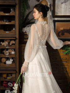 Retro Style Lace Wedding Dress Main Veil Engagement Party Long A-Line Skirt Gown with Zipper for Hotel Indoor 25-35 Years Old