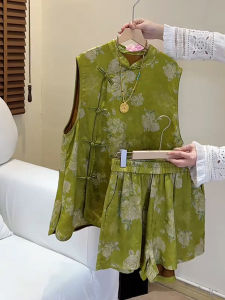 Shalldoer | Fashionable Print Sleeveless Womens Outfit With Button Detail Short Pants Two-Piece Set Traditional Chinese Style Summer Wear