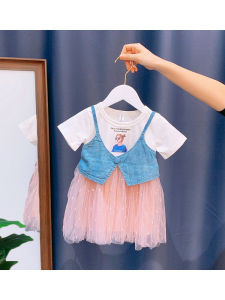 Princess Style Cotton Denim Skirt for Baby Girls Summer Fashionable Dress Korean Style Cartoon Print Lightweight Elastic Fabric