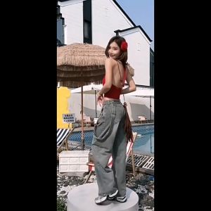 Celana Kargo Wanita Celana Jeans Lurus Pinggang Tinggi Biru Retro Celana Panjang Longgar 8569