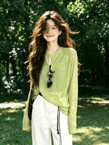 CHOEFULYN | Dopamine Green Henry Neck Long Sleeve Tshirt Summer Sunproof Slightly See-through Light Thin