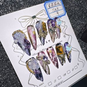 10Pcs High Quality Handmade Press on Nails Carved Snowflake Hand-Painted Line Outline Fake Nails Elegant Commuting Style