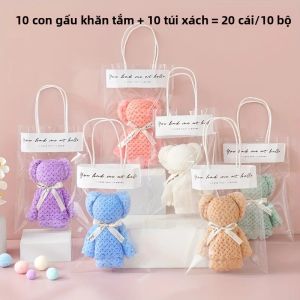 20 Cái/10 Bộ Túi Trong Suốt Khăn Gấu Bông Bộ Quà Tặng Tiệc Cưới Quà Tặng Năm Mới & Sinh Nhật-Bộ Khăn Polyester 100% Dệt Kim