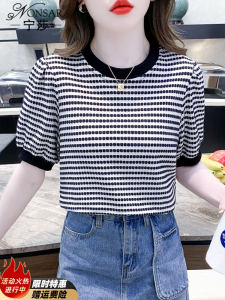 Summer 2023 Womens round Neck Short Sleeve T-Shirt Striped Design Spicy Girl Fashionable Shoulder Bubbles Sleeve Polyester Blend