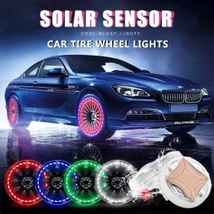 4Sets Creative Solar Charging Car Tire Light LED Flash Motorcycle American Valve Universal Tire Wheel Hub Luminous Bulb Decorative Color Light