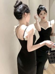 ชุดเดรสยาวทรงเอเอวสูงทรงเข้ารูปสำหรับงานปาร์ตี้ฤดูร้อน ชุดเดรสสีดำเข้ารูปสำหรับผู้หญิงวัย 25-29 ปี