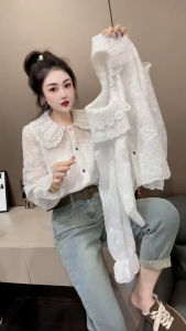 2024 Spring New Cut Out Jacquard French Style Lace Peter Pan Collar Cotton Long Sleeve White Shirt for Women Design Blouse