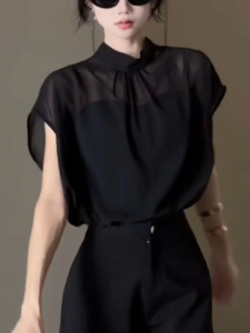 Black Lace Short Sleeve Chiffon Shirt Women Summer French Collar Butterfly Knot Tie See through Slimming Small Top Upper Body