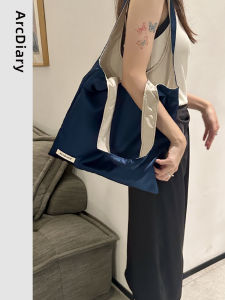 Original ArcDiary Denim Blue Silk Satin Canvas Shoulder Bag Large Capacity Commuter Mommy Bag Casual Style Bright Thread Element