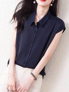 Classy Silk-like Satin Shirt Short Sleeve Cardigan Female Summer Polo Collar Elegant Tops Loose Professional Shirt/T-shirt