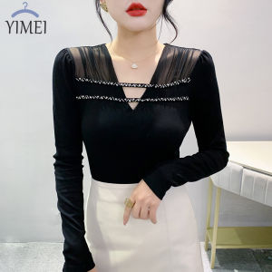 YIMEI เสื้อยืดคอวีสำหรับผู้หญิง2023ฤดูใบไม้ร่วง/ฤดูหนาวเซ็กซี่ใหม่เสื้อเสื้อสตรีผ้าฝ้ายแขนยาวตาข่ายลูกปัดหรูหราเบาเสื้อซับในสีดำสำหรับผู้หญิง