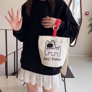 พร้อมส่ง : กระเป๋าสะพายไหล่ ถุงผ้า  กระเป๋าถือ ทรงบักเก็ต ผ้าแคนวาส พิมพ์ลายการ์ตูนน่ารัก ความจุขนาดใหญ่