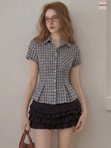 KBVVR | Navy Blue Checkered Polo Neck Slim Fit Short Sleeve Shirt