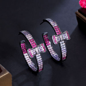 SEQUITO Trang Sức Trang Phục Cổ Điển Hoa Hồng Đỏ Tím AAA Khối Zirconia Màu Đen Mạ Vàng Tinh Tế Vòng Tròn Lớn Hoa Tai Nữ Tiệc Tối SE652