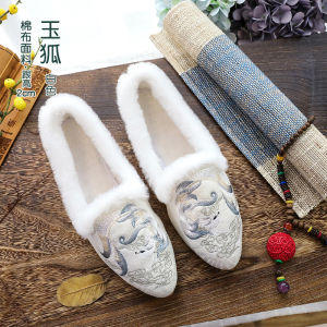 Beijing Ladies Embroidered Shoes Winter Slip-On Pointed Toe Fluffy Lined Single Shoes Han Style Ethnicity Flat Heel Low Top