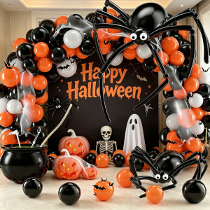 120Pcs Halloween DIY Spider Balloon Garland Arch Kit Black Orange White Latex Balloons with Long Strip Balloons to Make Big Spi