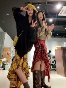 กระโปรงทรงเอเอวสูง ผ้าลายสก็อตสไตล์เกาหลี สำหรับผู้หญิง ฤดูใบไม้ผลิและฤดูใบไม้ร่วง กระโปรงทรงเอเอวสูง ดีไซน์ไม่สมมาตร กระโปรงทรงเอยาวปานกลาง