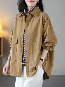 เสื้อแจ็คเก็ตทรงหลวมสไตล์ลำลองสำหรับผู้หญิงไซส์ใหญ่ ฤดูใบไม้ร่วง 2025 ดีไซน์ใหม่ เสื้อเชิ้ตแขนยาวทรงปกติ