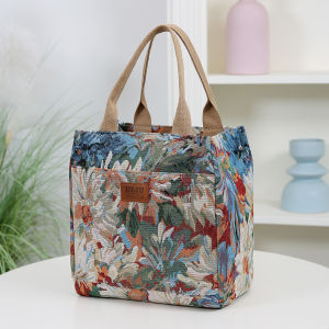 ผ้าเนื้อหนาลายดอกไม้ กระเป๋าถือ กระเป๋าใส่อาหารกลางวัน กระเป๋าเก็บกล่องอาหารกลางวัน กระเป๋าช้อปปิ้งแบบพกพา กระเป๋าใส่ของจิปาถะในชีวิตประจำวัน