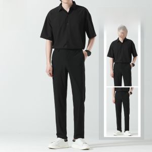ROMON | Romon Mens Short Sleeve Shirt Casual Set Summer Trendy Nine-Piece West Pants Fashionable Two-Piece Suit Polyester Fiber