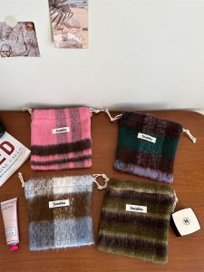 Small Size Long Woolen Plaid Storage Bag Drawstring Cosmetic Bag Gift Item Packaging Organizer Bag for Personal Use