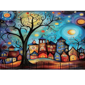 Van Gogh Style Swirl Starry Sky Fairy Town Jigsaw Puzzle Curly Magic Tree Color Cartoon House Moon Planet Abstract Wall Decor