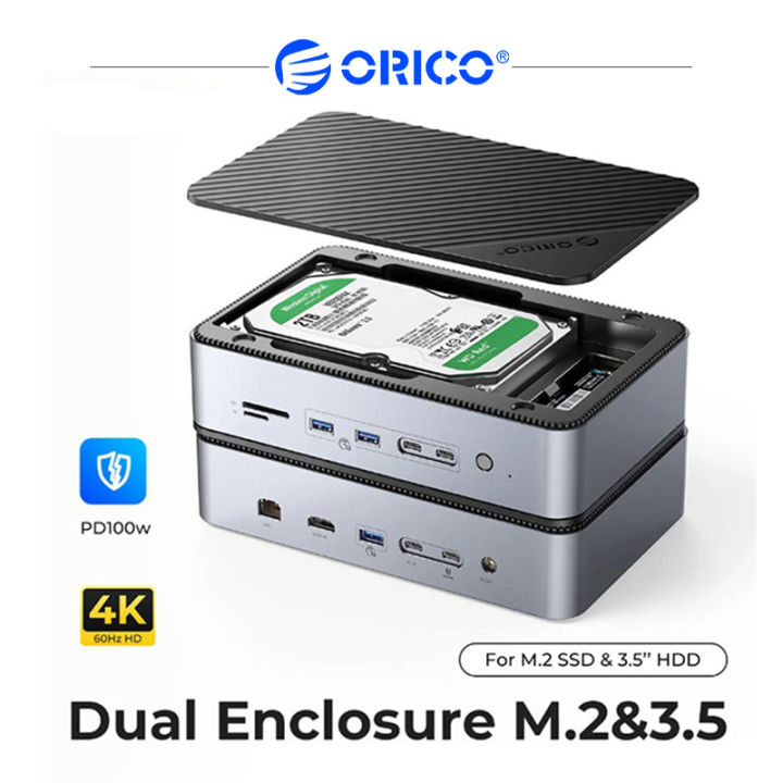 M.2 ORICO 3.5/2.5 "Dual Hdd/ SSD Enclosure USB C HUB แบบมัลติฟังก์ชั่น10 In 1แท่นวางมือถือพร้อม PD100W Type C USB HDMI RJ45พอร์ต SATA Sd/tf NVME สำหรับผู้สร้างมืออาชีพ (D35M2)