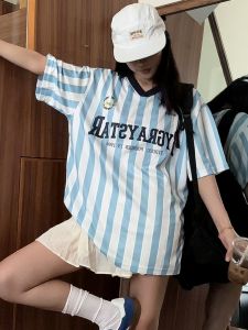 American Retro Striped Splicing V-neck Short Sleeve T-shirt Loose Casual Summer Football Shirt Couple Youth Fashion Trend