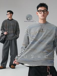 Tagkita | Retro Lazy Stripe Crew Neck Sweatshirt for Men 2026 Autumn New
