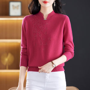 เสื้อสเวตเตอร์ถักผ้าขนสัตว์ 100% สำหรับผู้หญิง ฤดูใบไม้ร่วง/ฤดูหนาว สีชมพูแดงสด คอตั้งครึ่งตัว อบอุ่น สวมใส่สบาย